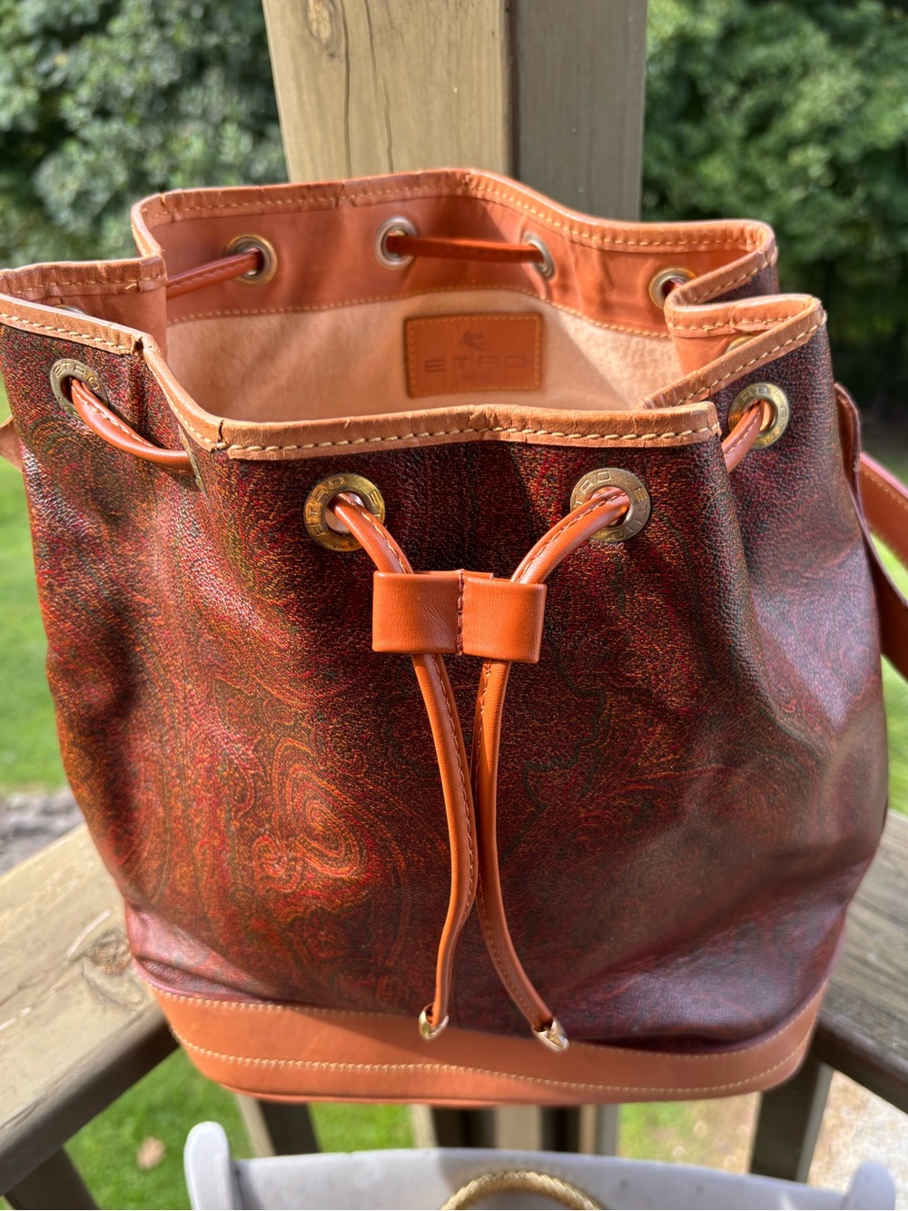 Vintage Etro Paisley Drawstring Bucket Bag with Leather Trim